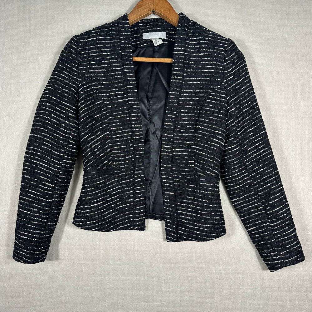 H&M Open Front Blazer Womens Size 2 Black White Excellent Striped Tweed Jacket